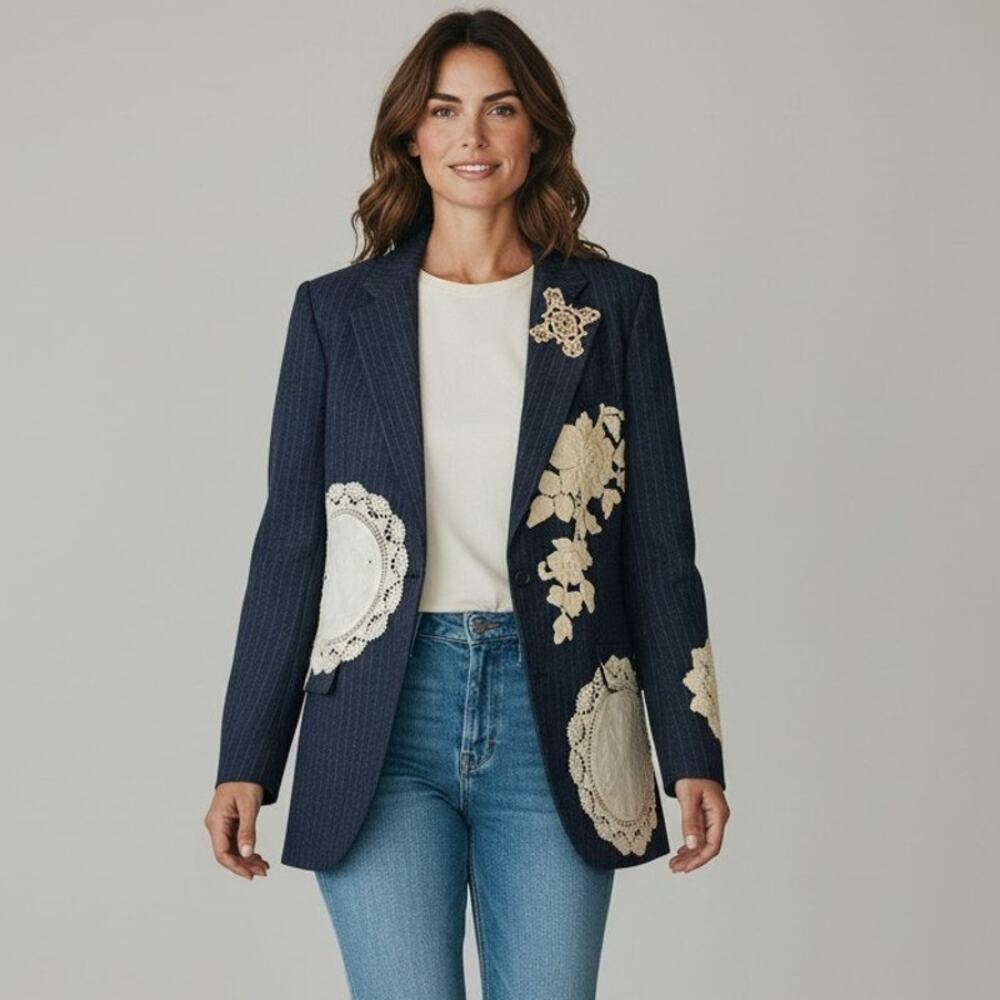 M Jacket revamped vintage blazer embellished upcycled lace doilies appliqués